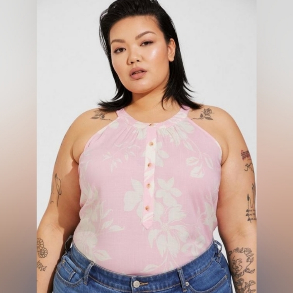 Torrid Floral Emma Pink and White Halter Top Button Front 00X